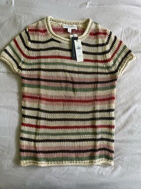 Banana Republic Striped Short Sleeve Knit Top - Cream, Red, Green, Black